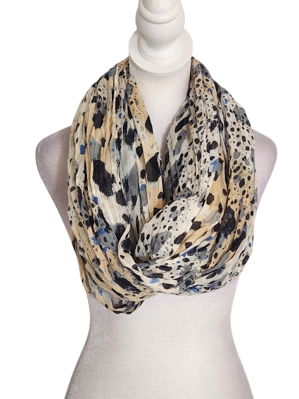 Cream Blue and Black Spotted Animal Print Infinity Scarf One Size 38 x 34
